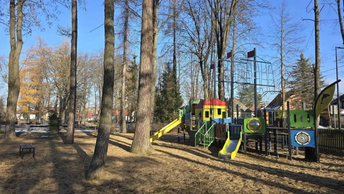 Kolorowy plac zabaw w parku rozrywki Nowy Sącz, z drabinkami, zjeżdżalniami i siatką do wspinaczki, otoczony drzewami.