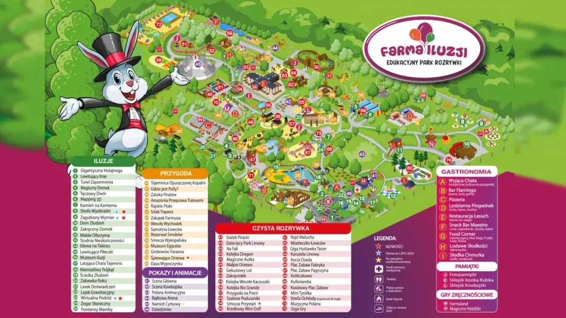 Mapa interaktywnego stężyca park rozrywki z atrakcjami, gastronomią i pamiątkami. Królik w cylindrze zaprasza do zabawy!
