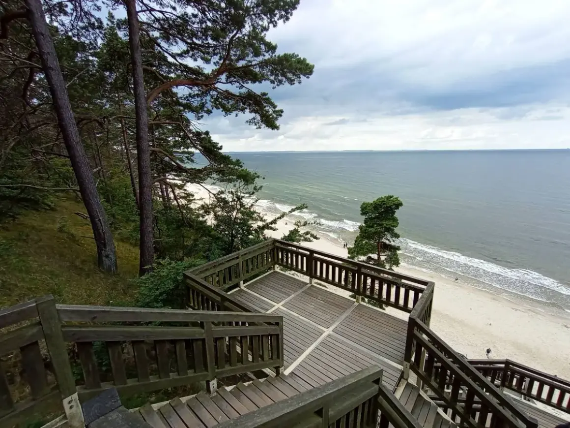 Drewniane schody prowadzą na plażę z widokiem na morze. W oddali widać las i **kaczą górę**.