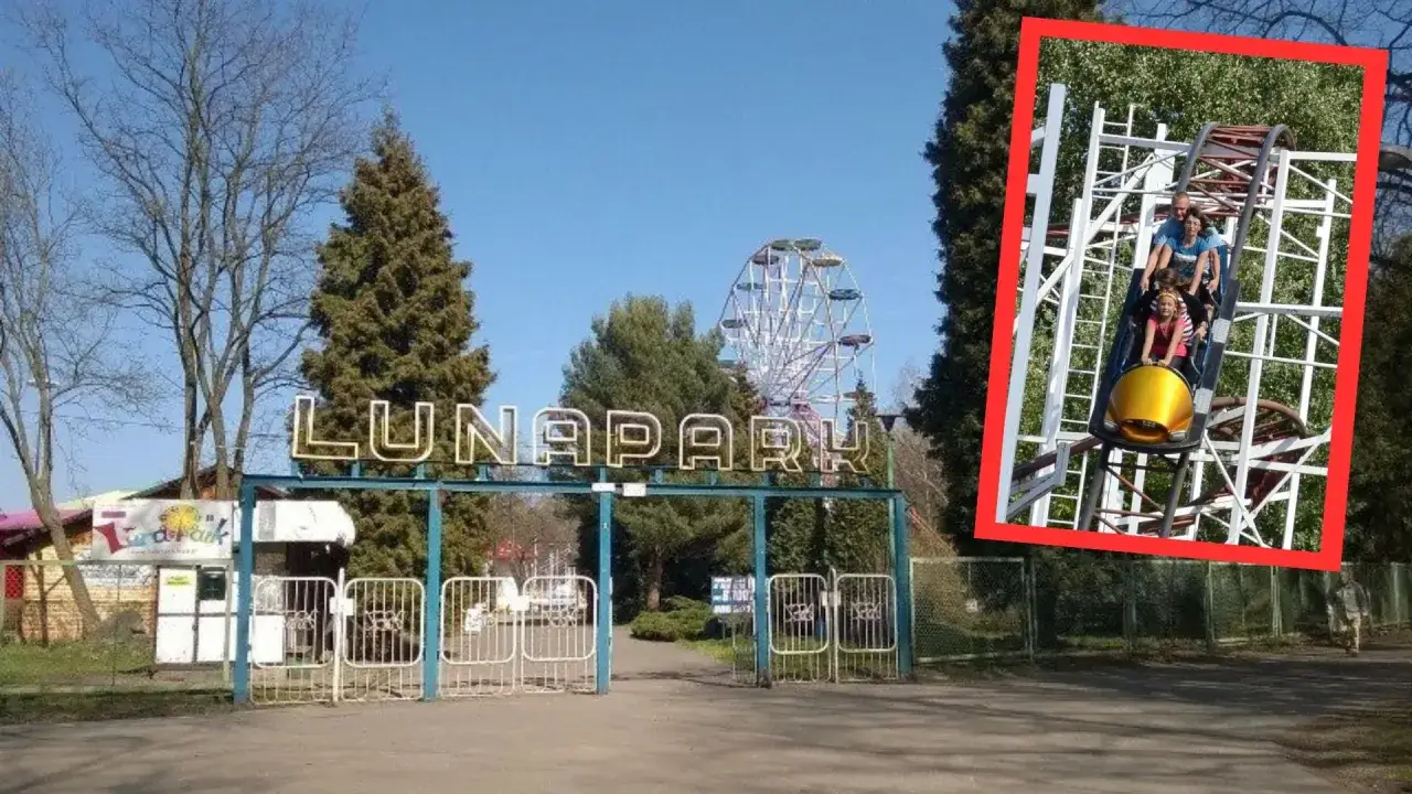 Brama do łódzkiego lunaparku z widokiem na diabelski młyn i wesołe miasteczko. W rogu zdjęcie rodziny na kolejce górskiej.