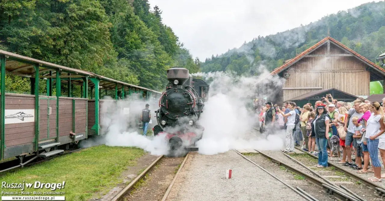 Parowóz z wagonami na tle górskich lasów. Tłum ludzi, w tym dzieci, obserwuje atrakcje Bieszczad.
