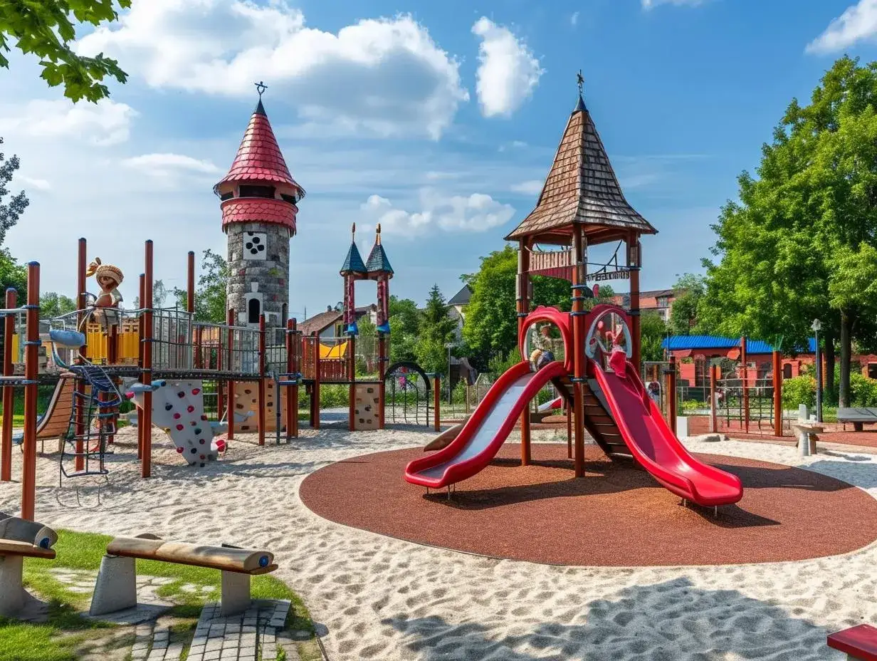 Kolorowy park rozrywki Wałbrzych z zamkami, zjeżdżalniami i piaskownicą.