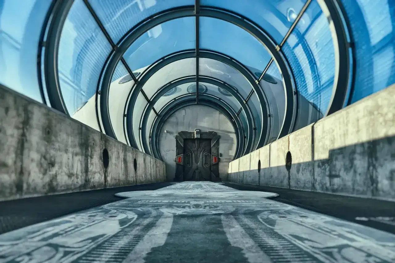 Tunel z przeszklonym dachem prowadzi do futurystycznych drzwi. To idealne miejsce na zwiedzanie Alvernia Planet, gdzie każdy krok to podróż w nieznane.