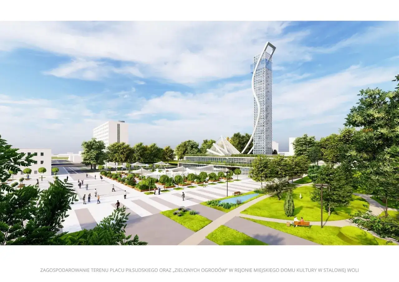 Nowoczesny park w Stalowej Woli z futurystyczną wieżą i zielonymi alejkami.