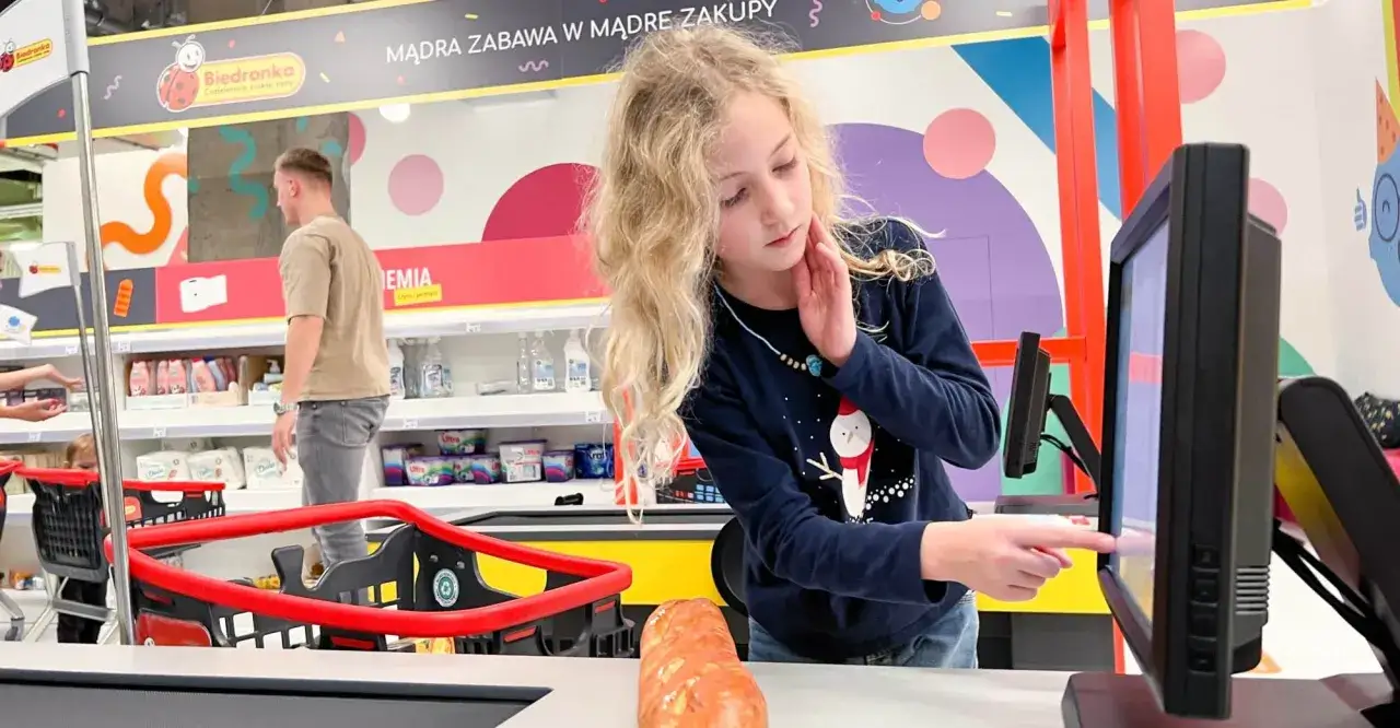 Dziewczynka na kasie samoobsługowej w Biedronce, jak mała księgowa na smart kids planet, skanuje bułkę.