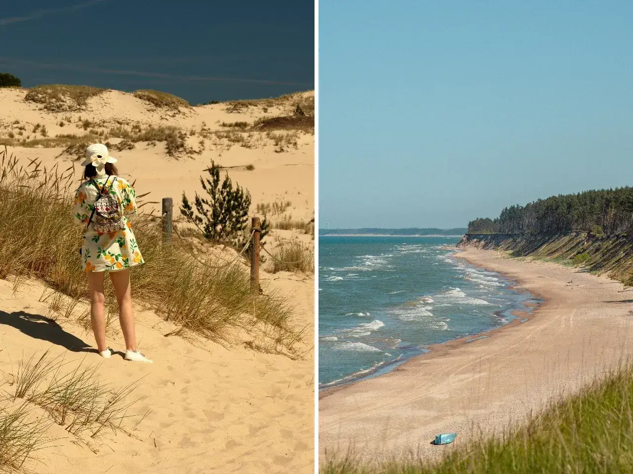 Dziewczyna w letniej sukience na piaszczystych wydmach, obok Jezioro Łebsko plaża z sosnowym lasem na klifie.