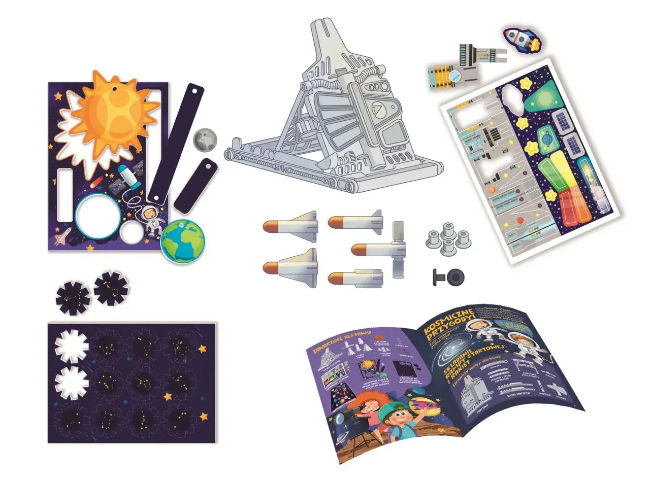 Zestaw do kosmicznych eksperymentów dla dzieci: rakieta, planety, gwiazdy i astronauta.