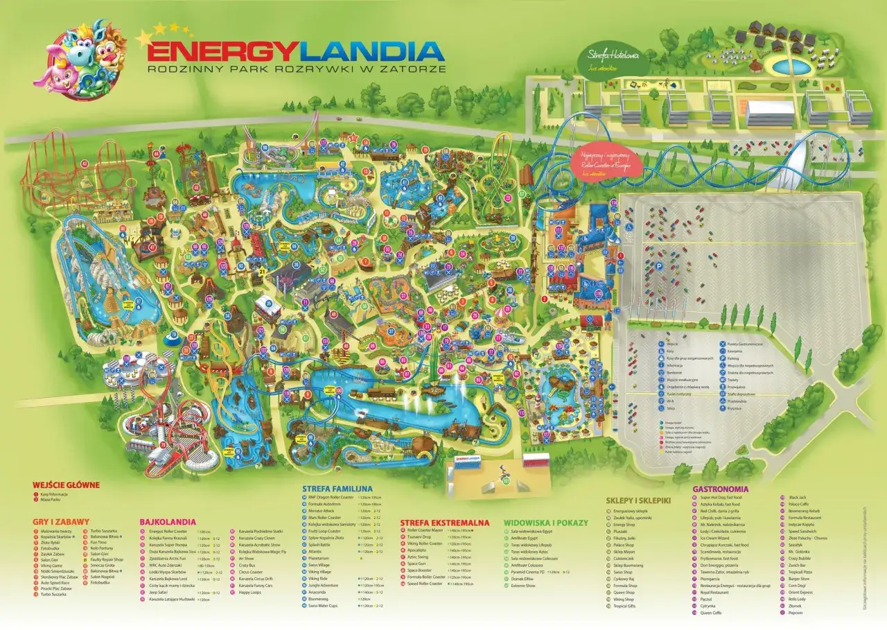 Na mapie Energylandii widać liczne atrakcje, punkty gastronomiczne, sklepy i szafki depozytowe.
