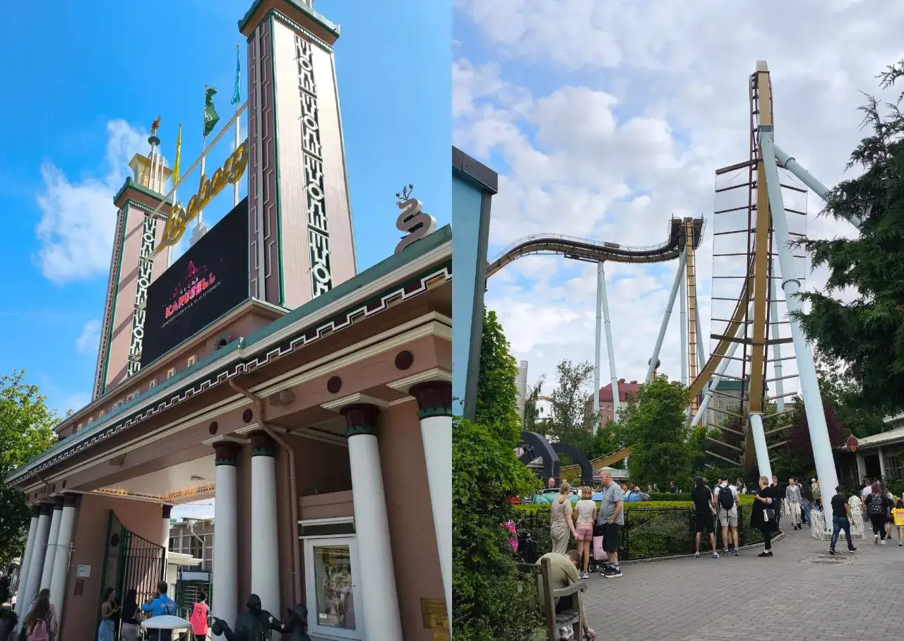 Wejście do Liseberg, goteborg park rozrywki, z widokiem na kolejkę górską w tle.