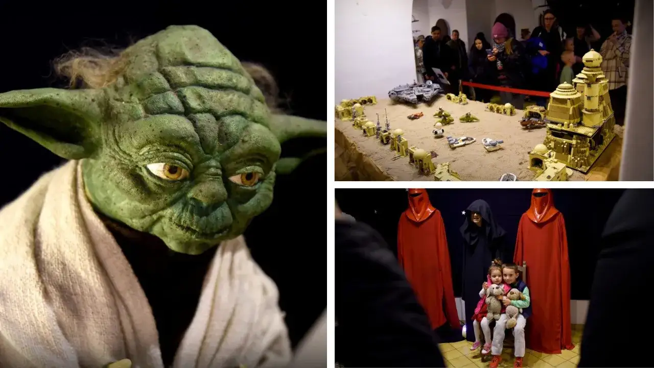 Wielkie muzeum Star Wars: realistyczna głowa Yody, makieta Tatooine z klocków i dzieci w strojach imperialnych.