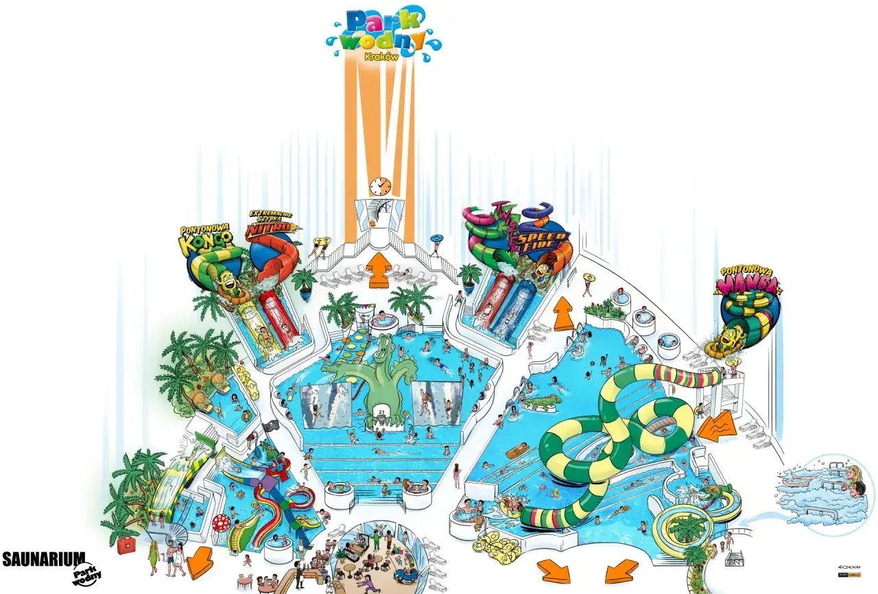 Wesoła zabawa w aqua park krakow: zjeżdżalnie, baseny, jacuzzi i mnóstwo ludzi cieszących się wodnym szaleństwem.