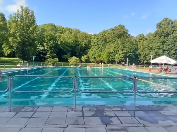 Słoneczny dzień nad basenem w Bytomiu. Woda kusi chłodem, a wokół zielone drzewa.