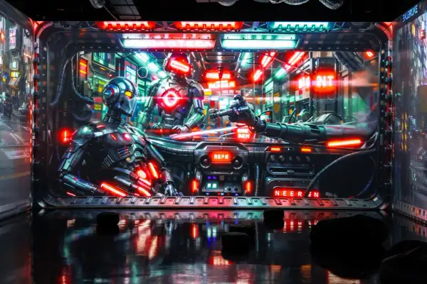 Roboty w futurystycznym wnętrzu, neonowe światła, odbicia na podłodze. Instalacja "Melt Museum Warszawa" przenosi w świat science-fiction.