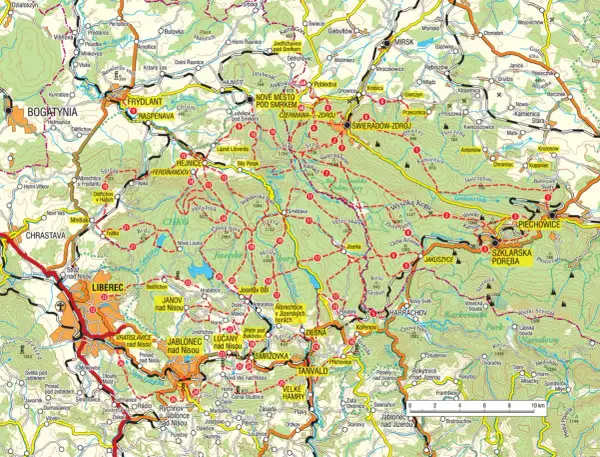 Mapa Gór Izerskich z zaznaczonymi szlakami turystycznymi, miejscowościami i wzniesieniami.