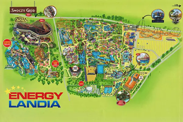 Mapa Energylandii z atrakcjami dla dzieci do 120 cm. Zobacz Zadrę, Mayan, Hyperiona i inne!