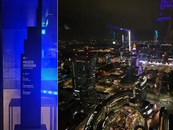 Nocna panorama Warszawy z tarasu widokowego Varso Tower. Widać Pałac Kultury i Nauki oraz oświetlone budynki.