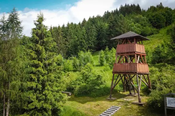 Drewniana wieża widokowa Słowacja, otoczona bujną zielenią lasu i wzgórz. Idealne miejsce na podziwianie panoramy.