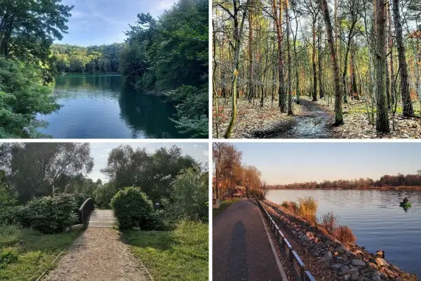 Malownicze krajobrazy: spokojna woda otoczona lasem, ścieżka w jesiennym lesie, mostek w zielonym parku, nadbrzeżna promenada. Jakby z Doliny Siedmiu Młynów.