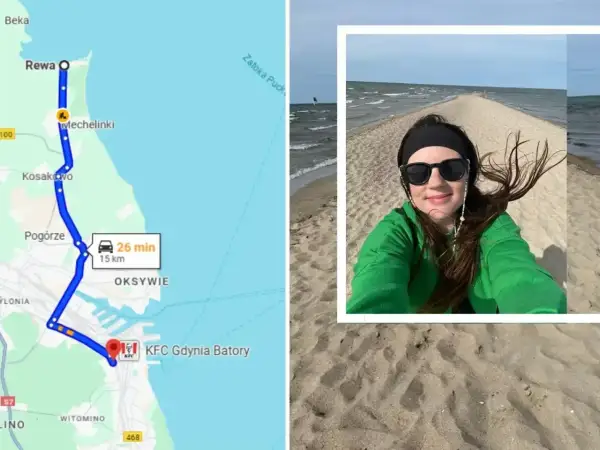 Mapa pokazuje trasę do Rewy, gdzie czekają atrakcje. Uśmiechnięta kobieta na piaszczystej plaży cieszy się wiatrem i widokiem na morze.