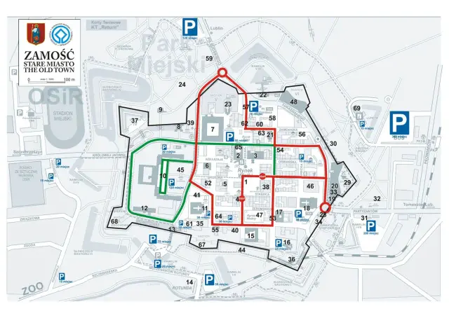 Mapa Zamościa z zaznaczonymi trasami spacerowymi i parkingami. Odkryj zamość atrakcje!